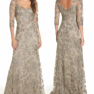 Like New Tadashi Shoji Corded Embroidered Lace Gown, size 8 Color Smoke pearl